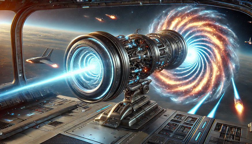 A futuristic space weapon system inside a spacecraft featuring a massive energy cannon mounted on a high-tech platform. The cannon emits a powerful blue beam toward a glowing, swirling portal resembling a wormhole in space. The portal radiates vibrant orange, blue, and white energy, with streaks of light suggesting objects or energy being pulled into it. The spacecraft's interior includes control panels and reinforced windows offering a view of the Earth below and several smaller spacecraft flying nearby, some engaging in combat. The scene combines advanced technology, space exploration, and high-stakes action in a sci-fi setting.