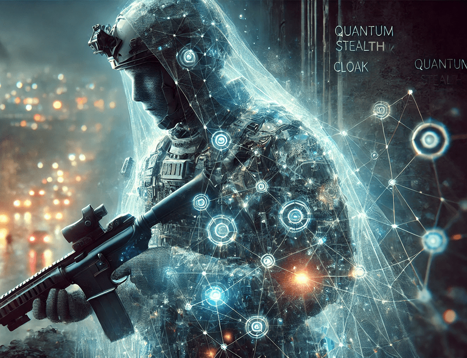 A futuristic soldier with advanced technology is enveloped in a glowing "quantum stealth cloak." The figure wears high-tech military gear, including a helmet with night vision goggles, and holds a sleek rifle. The cloak is a translucent, holographic veil, with glowing nodes and interconnected lines forming a digital network overlay around the soldier. The background is a dimly lit urban environment, with blurred city lights adding depth and atmosphere. Text reading "Quantum Stealth Cloak" appears subtly in the background. The scene conveys a blend of military innovation and cutting-edge technology, emphasizing stealth and futurism.