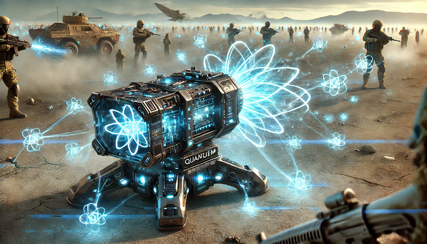A futuristic battlefield scene is centered around a glowing "quantum device" on the ground. The device is a high-tech, cube-shaped machine with intricate metallic details, emitting blue energy and atom-like holographic projections. Soldiers in advanced combat gear are positioned throughout the dusty terrain, engaging in battle with laser weapons, while armored vehicles and aircraft are visible in the background. The atmosphere is tense, with dust clouds and scattered debris adding realism. The word "QUANTUM" is prominently displayed on the device, emphasizing its advanced technology and importance in the conflict. The scene blends science fiction with military action.