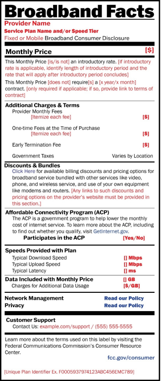 A mock-up of a Broadband Facts label.