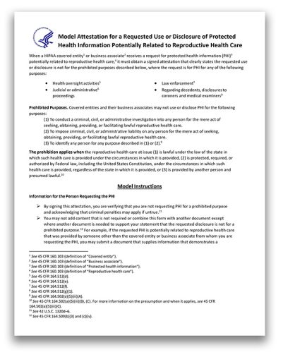 Image of a model attestation document issued by the U.S. Department of Health and Human Services about 