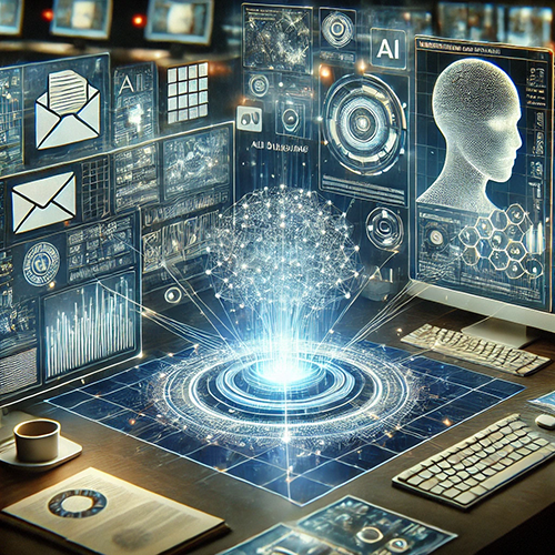A high-tech workspace filled with digital screens and holographic displays, all focused on artificial intelligence. In the center, a glowing, spherical network of interconnected nodes hovers above a digital surface, representing data or AI activity. Surrounding this are numerous screens showing various icons, charts, and graphics related to AI, such as a human head composed of dots and lines, email icons, and analytical graphs. A keyboard, mouse, coffee cup, and open notebook are visible on the desk, indicating a working environment. The overall scene conveys a futuristic, data-driven setting.