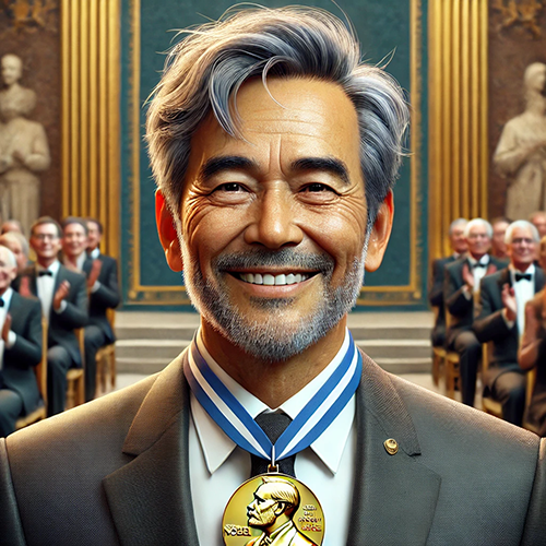 A digitally rendered portrait of a distinguished older man with gray hair and a trimmed beard, smiling brightly while wearing a gold Nobel Prize medal around his neck on a blue-and-white striped ribbon. He is dressed in a formal suit and tie, with a lapel pin visible. The background features a grand ceremonial hall adorned with golden accents, statues, and a green backdrop. An audience of formally dressed individuals applauds in the background, emphasizing the celebratory and prestigious atmosphere of the moment.