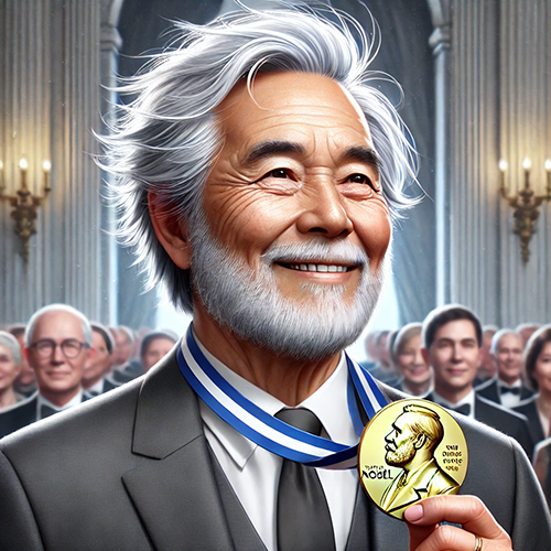 A digitally rendered portrait of an older man with white hair and a beard, smiling warmly while holding a gold Nobel Prize medal. He is dressed in formal attire, wearing a black suit, white shirt, and tie, with the medal ribbon draped around his neck. The background features an elegant setting with chandeliers and a blurred audience dressed in formal wear, highlighting a prestigious award ceremony. The image exudes a sense of accomplishment, pride, and celebration.