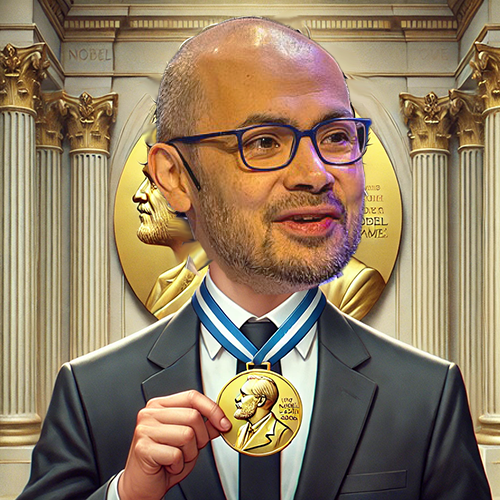 A digitally created portrait of a man with glasses and a neatly groomed appearance, proudly holding a gold Nobel Prize medal on a blue-and-white striped ribbon around his neck. He is dressed in a formal suit and tie, standing in front of a grand architectural background featuring tall columns and large gold medallions engraved with the Nobel emblem. The image exudes an air of achievement and prestige, humorously referencing a hypothetical future where he achieves a remarkable milestone and even a cure for baldness. The composition emphasizes success, innovation, and historical significance.