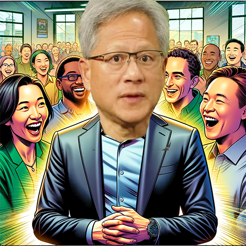 A digitally stylized portrait of a man with gray hair and glasses, dressed in a dark blazer and light shirt, sitting with his hands clasped. He is surrounded by diverse people in vibrant, comic book-style art, all smiling and laughing enthusiastically. Bright, radiating lines behind the man highlight him as the central figure, symbolizing leadership and influence. The background depicts an energetic and inclusive atmosphere in a room with windows and framed wall art, emphasizing community and collaboration.