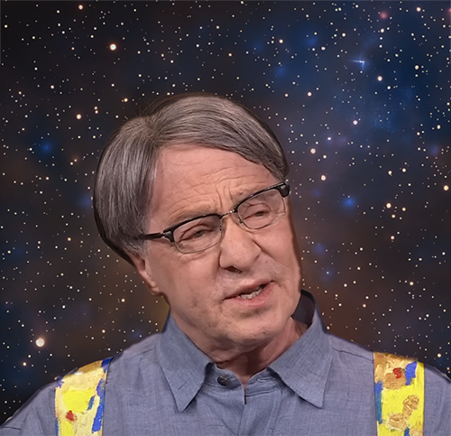 A digitally edited portrait of an older man with gray hair, glasses, and a serious expression, wearing a light blue collared shirt with colorful suspenders. The background has been replaced with a starry night sky featuring bright stars and nebula-like formations, giving the image a cosmic and futuristic vibe. The contrast between the subject and the space-themed background emphasizes themes of innovation and exploration.