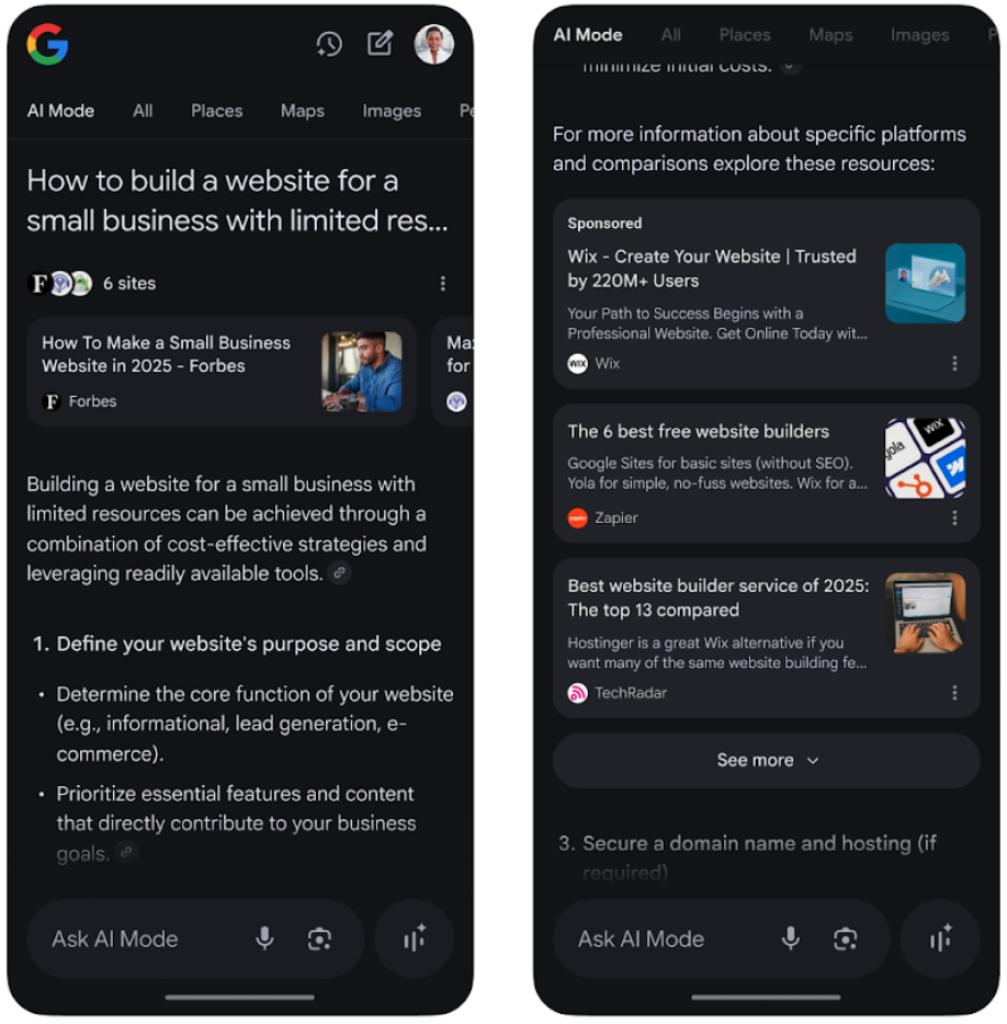 Two smartphone screens display Google search results for building a small business website, highlighting articles, links, and tips in dark mode—all designed to boost your digital visibility.