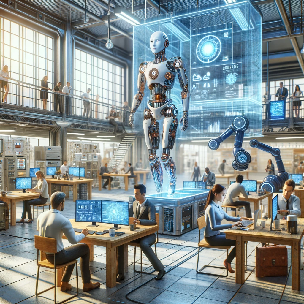 Robot being built on shop floor of futuristic factory