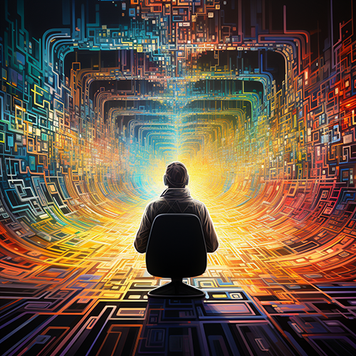 Person in headphones sitting in office chair  looking away in the distance with colorful circuit background