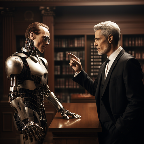 Attorney instructing a half man half androi