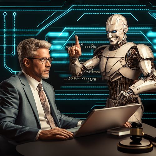Lawyer seated with laptop, robot instructing him