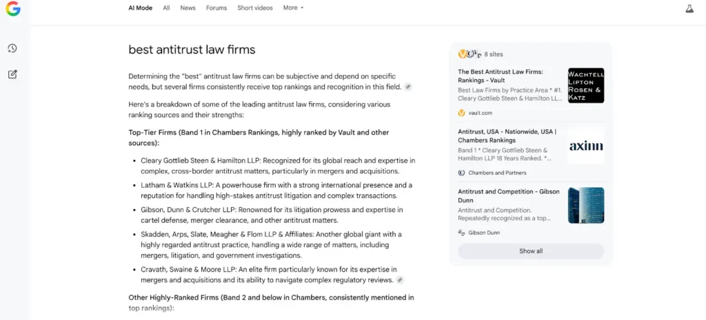 AI mode result for "best antitrust law firms"