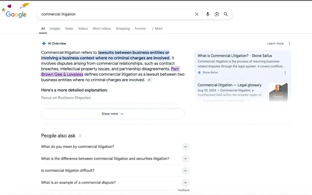 AI Overview result for "commercial litigation"
