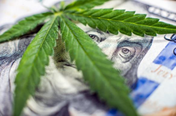 Cannabis leaf on top of a new 100 dollar bill