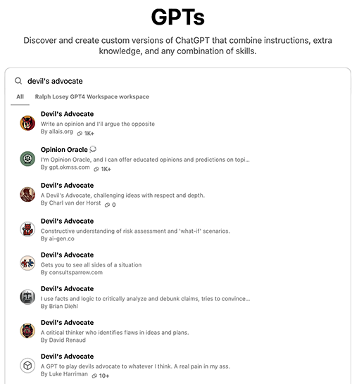 List of Devils advocates in the OpenAI GPT marketplace.