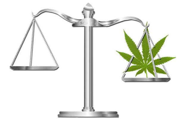 Justice scale weighing a cannabis leaf.