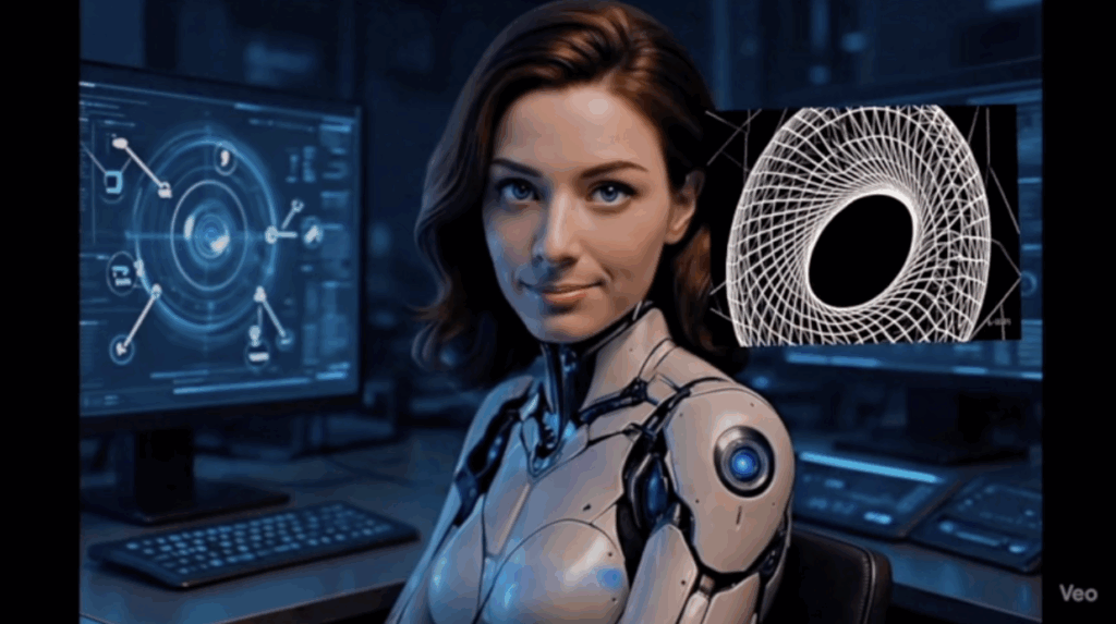 Robot with human like head looking directly at the camera, in front of two screens with diagrams.