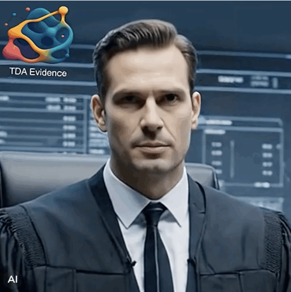 Man, with a big screen labeled TDA Evidence behind him, with charts and network diagrams
