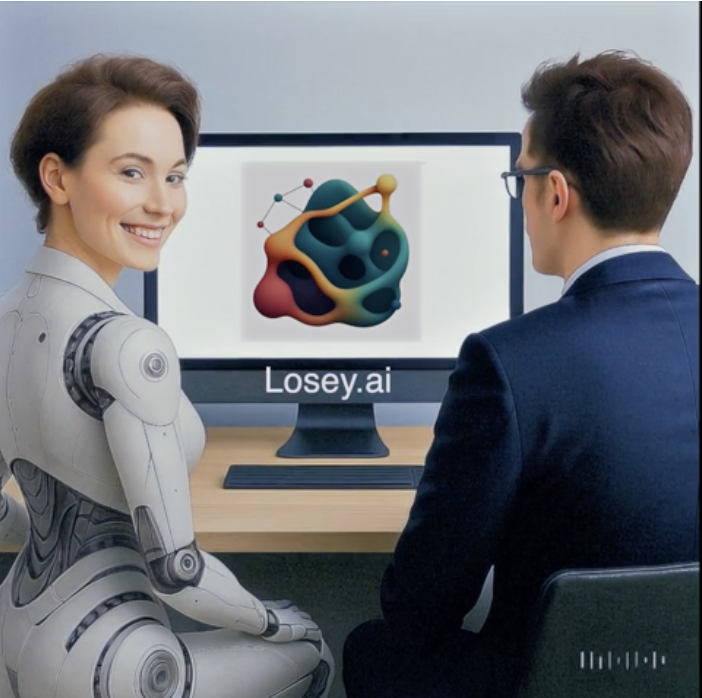A robot with human head smiling at the camera, next to a man looking at a monitor with a network diagram and "Losey.ai" at the bottom.