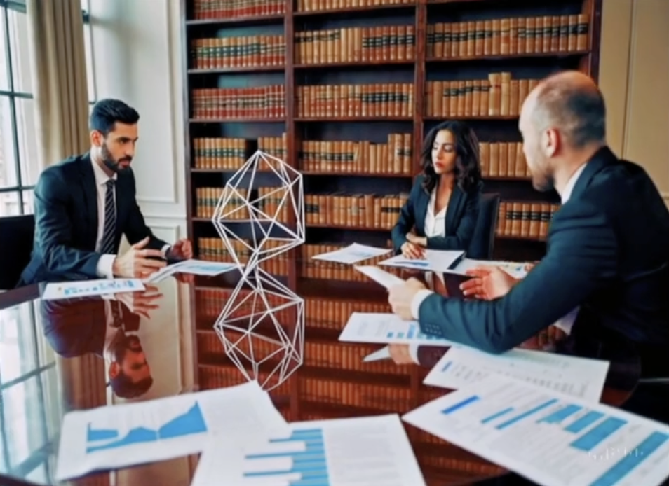 Law library scene, with glass top conference table, three people discussing hologram network diagram with papers on the table.