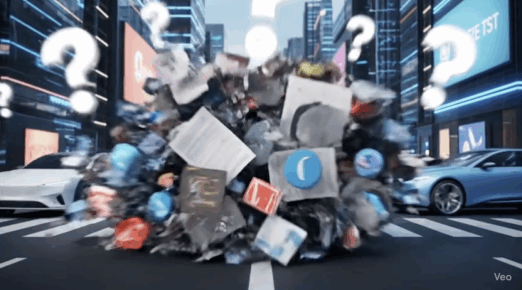 Times square like intesection, with cars, buildings and billboards.Papers and representations of ESI are piled in a crosswalk, with ???'s on top.