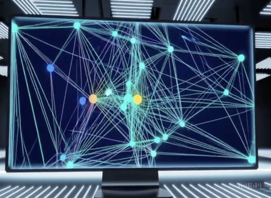 Network diagram with mostly green nodes, a couple of blue and yellow