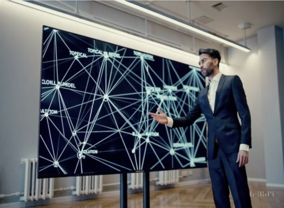 Man in a suit explaining the network diagram on a very large screen, old heat radiators in the background.