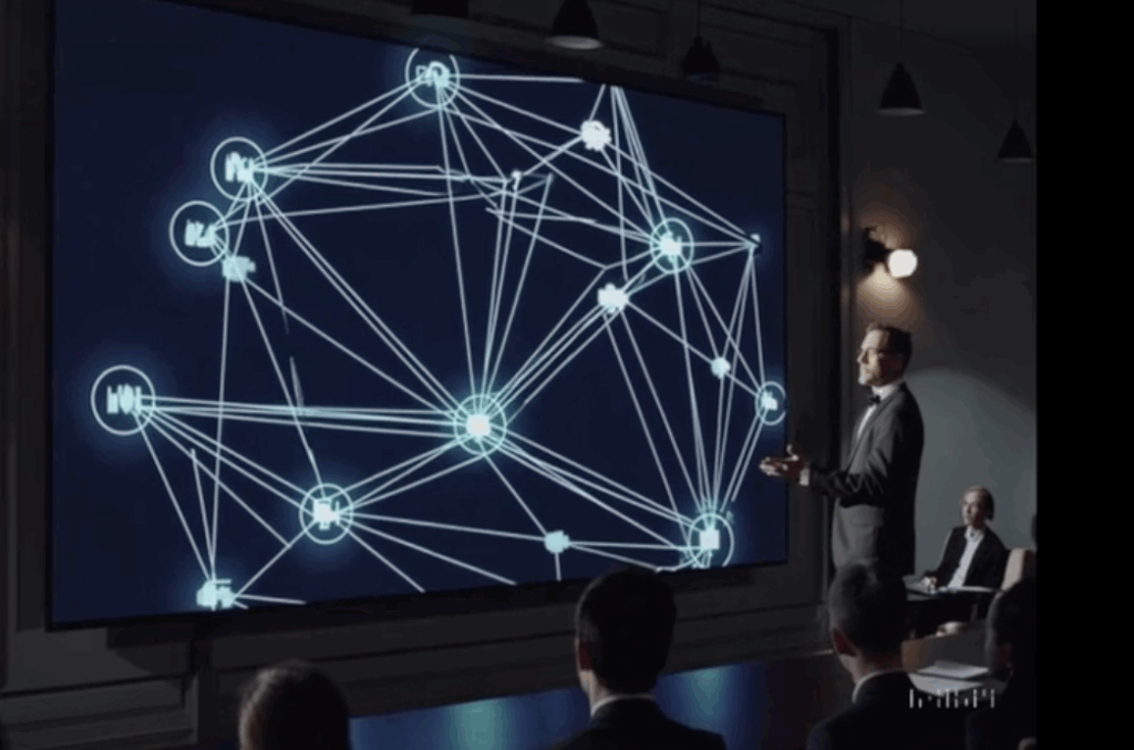 Man, standing, explaining network diagram in a darkened room with people seated at tables.