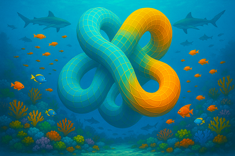 Fanciful topographical shape in an imaginative coral reef with sharks and fishes.