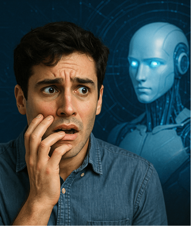Pensive young man looking frightened with android with piercing eyes behind him.