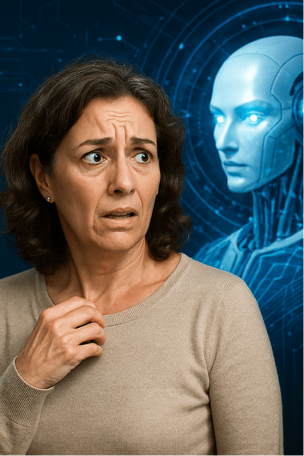 Pensive woman looking frightened with android with piercing eyes behind him.