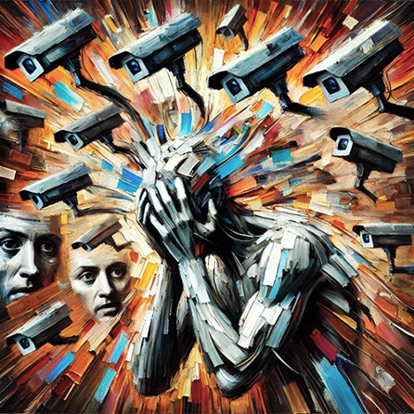 Human, head in hands, made of shards with surveillance cams all around and two humans in the mix.