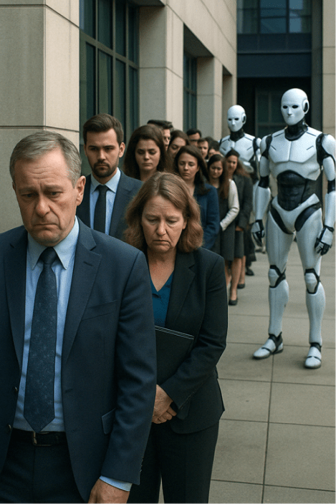 Downtrodden white collar people queued up guarded by white muscular android robots.