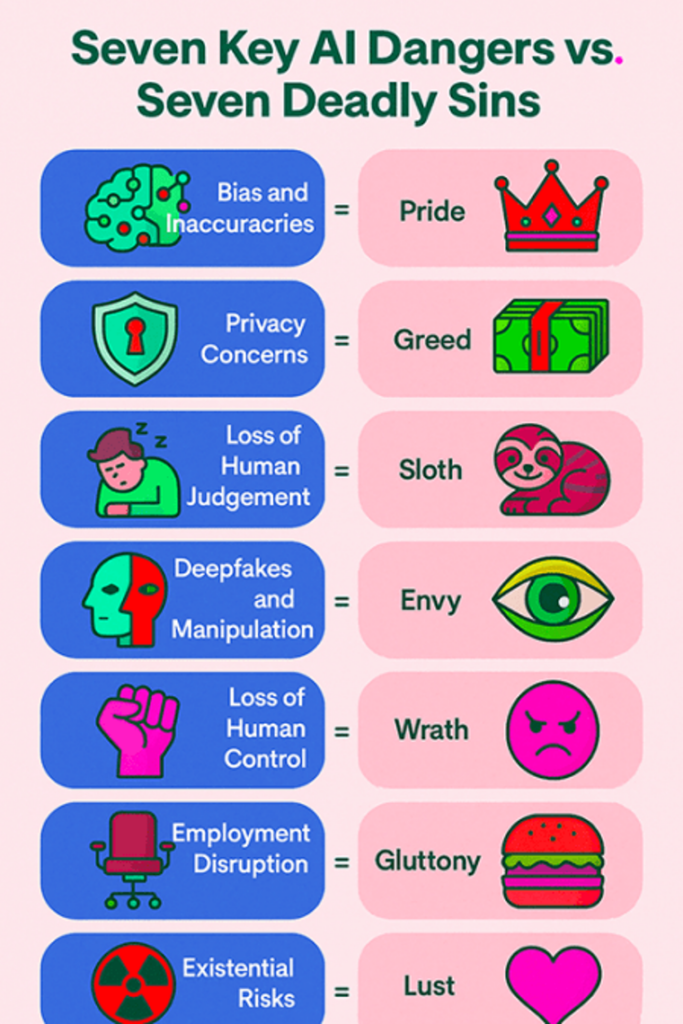 Infographic linking seven key AI dangers with the seven deadly sins of pride, greed, sloth, envy, wrath, gluttony and lust.