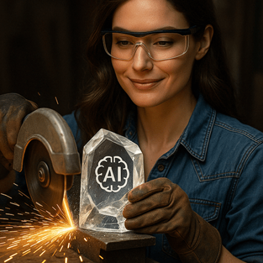 Woman with safety goggles welding and forming an crystal labeled AI