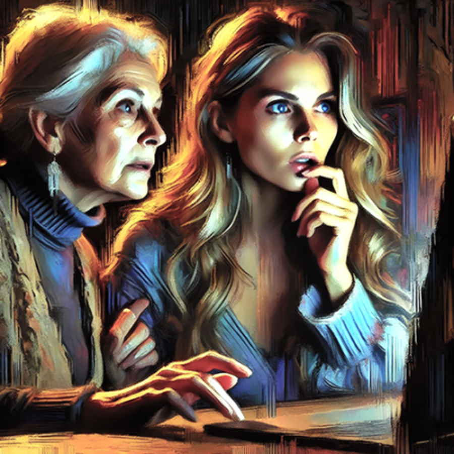 A young and older woman looking in amazement and apprehension at something in the distance.
