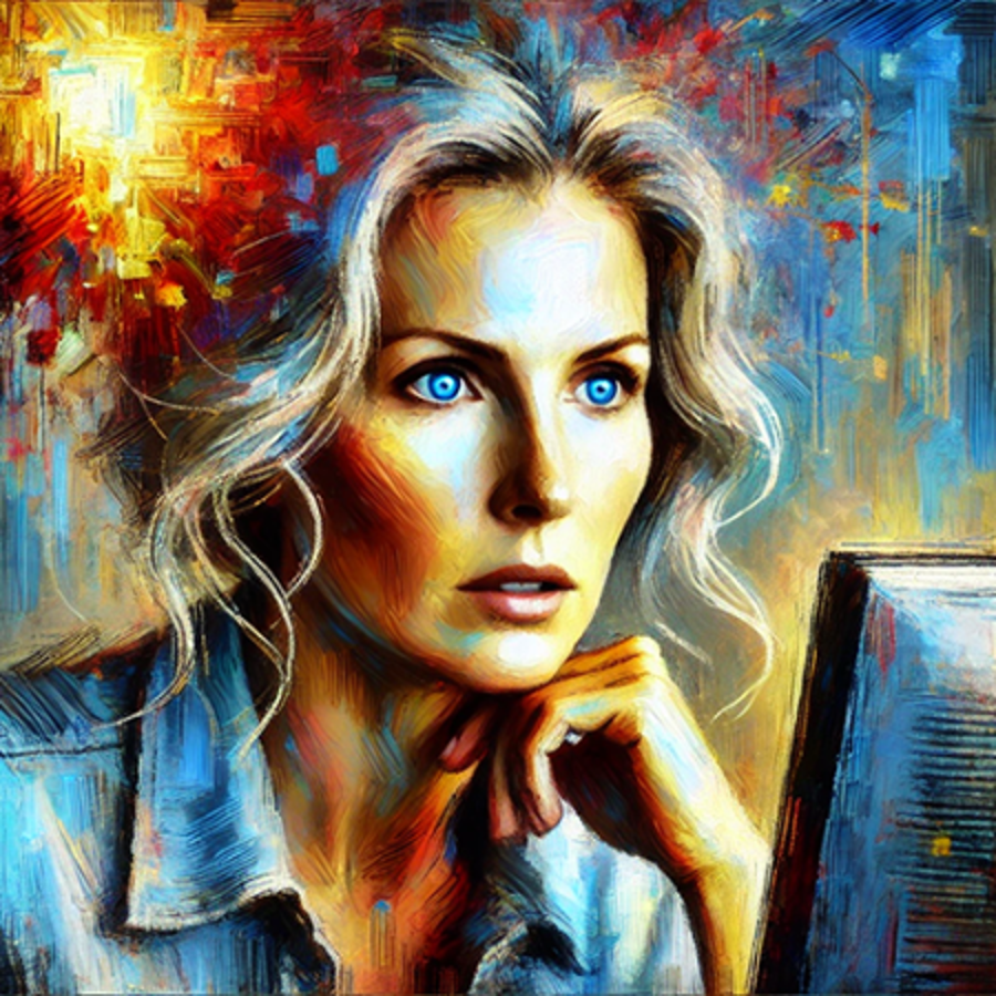 Woman looking at screen with amazement, modern art spleckled walls, paint on her face, hands and in her hair.