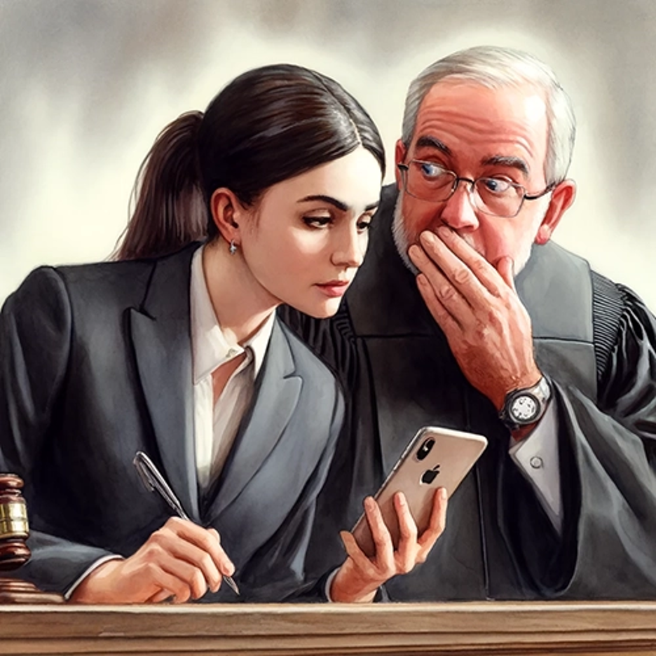 Surprised judge whispering to woman