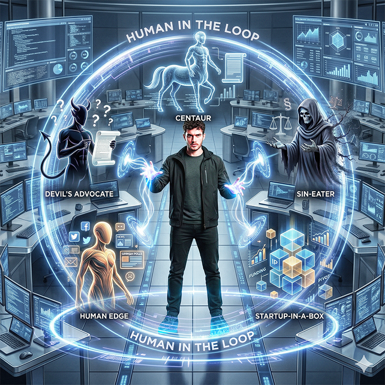 Human in a lit circle with centaur, sin eater, advocate, human edge and startup in a box.  Intense man, with fingers outstretched wth light going to each facet.