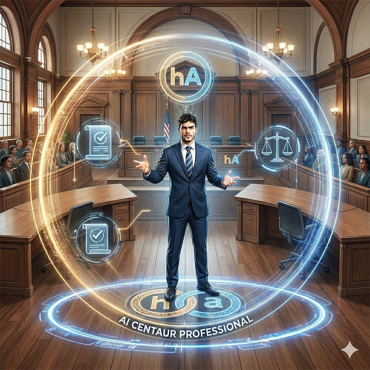 AI Professional looking attorney n a courtroom wth a jury.