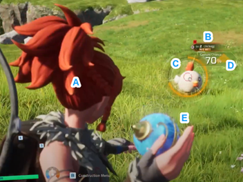 In Palworld, a character prepares to throw an object at a creature to capture it.