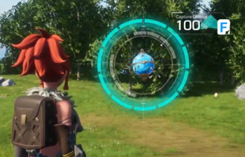 In Palworld, an object is registered as captured with a blue orb surrounding it.