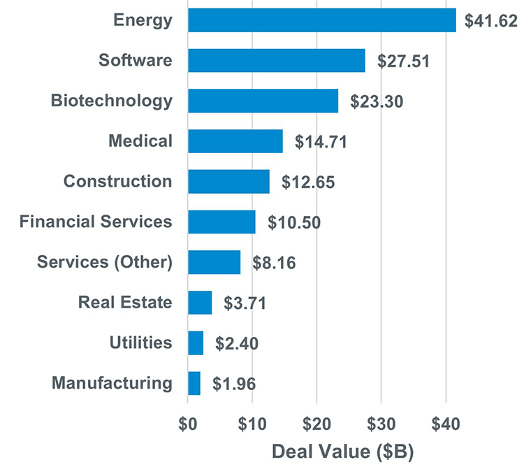 Chart showing energy, software and biotechnology as the top three leading industries by deal value.