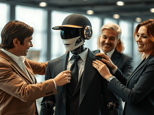 A humanoid robot dressed in a dark suit, tie, and a black baseball cap with a visor stands in an office setting, surrounded by three smiling people adjusting its outfit. The robot has a sleek, futuristic design with a reflective visor over its face and metallic details on its head. The man on the left is straightening the robot's tie, while the woman on the right adjusts the suit's lapel. Another man in the background looks on with a cheerful expression. The bright, modern office environment in the background has large windows, adding to the professional yet playful atmosphere.