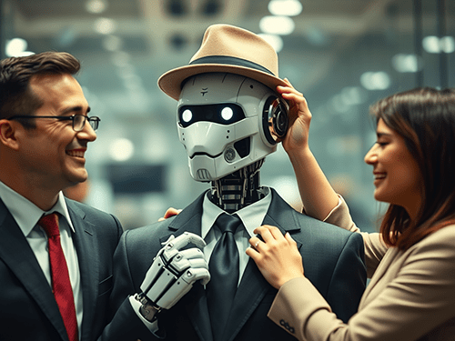 A humanoid robot dressed in a suit, tie, and tan fedora stands between a man and a woman, smiling and adjusting the robot's outfit. The robot has a metallic face with circular eyes that emit a soft white glow and visible mechanical components around its neck. The man, wearing glasses and a suit, looks amused, while the woman, also in business attire, appears to be adjusting the robot's tie. The background is a blurred indoor space, suggesting an office environment. The scene conveys a playful interaction, as if the robot is being prepared or styled by its human companions.