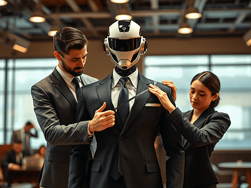 A humanoid robot wearing a formal black suit, tie, and helmet-like headgear stands in an office environment, with two professionally dressed humans—one man and one woman—adjusting its attire. The man on the left is straightening the robot’s tie, while the woman on the right is adjusting the suit’s shoulder area. Both are focused and appear intent on preparing the robot's outfit. The robot's helmet has a sleek, futuristic design with a dark visor, giving it a high-tech appearance. The background shows a well-lit, modern office with people working at tables.