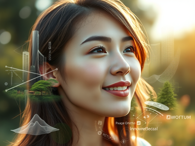 A digitally enhanced image of a young woman with long brown hair, looking upward with a smile against a blurred outdoor background. Overlaid on her image are various digital graphics, including futuristic skyscrapers, trees, cranes, data lines, and abstract shapes. The overall feel combines elements of nature with futuristic architecture and tech, suggesting a blend of modern innovation and environmental harmony.