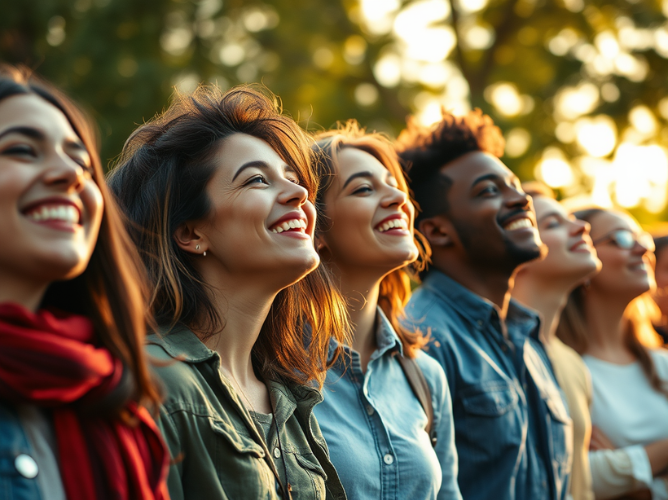 A diverse group of young adults, both men and women, standing outdoors and looking upward with smiles, appearing joyful and optimistic. They are dressed casually, with some wearing jackets and scarves. The lighting is warm and golden, suggesting the scene is captured during sunset. The background is blurred, showing leafy green trees, enhancing the relaxed, natural atmosphere.