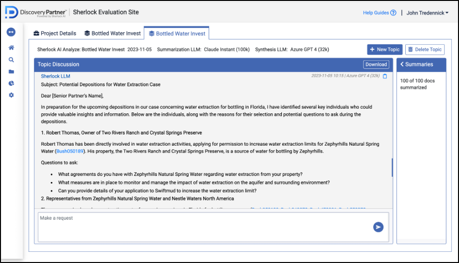 Screenshot of Discovery Partner input, who to depose